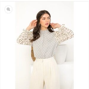 EUC-THML Mixed Media Ruffle Neck Top Grey Floral & Animal Print - Medium